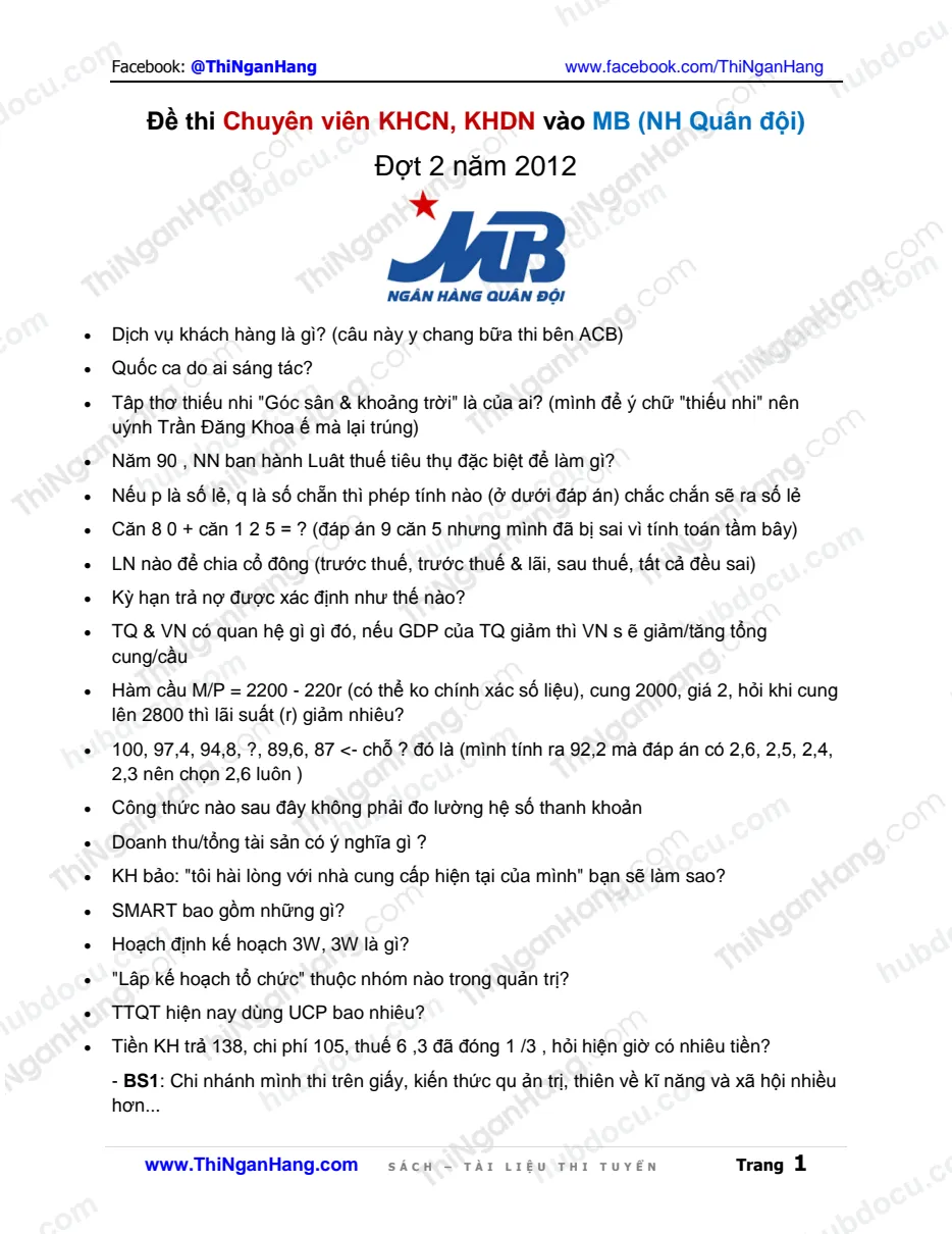Đề thi CV Khách hàng Cá nhân - Doanh nghiệp MB - Đợt 2 năm 2012
