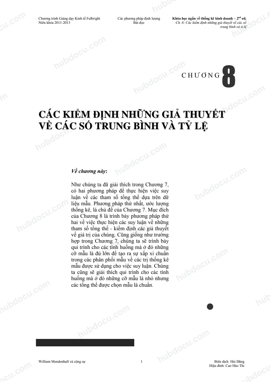 Chương 8. Kiểm định những giả thuyết về các số trung bình và tỷ lệ - Full Bright