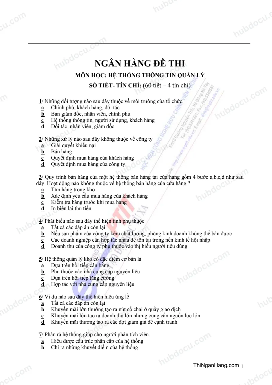 Ngân hàng đề thi môn: Hệ thống thông tin quản lý