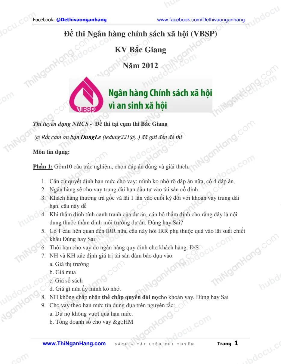 Đề thi Tín dụng NH Chính sách xã hội (VBSP) Bắc Giang năm 2012