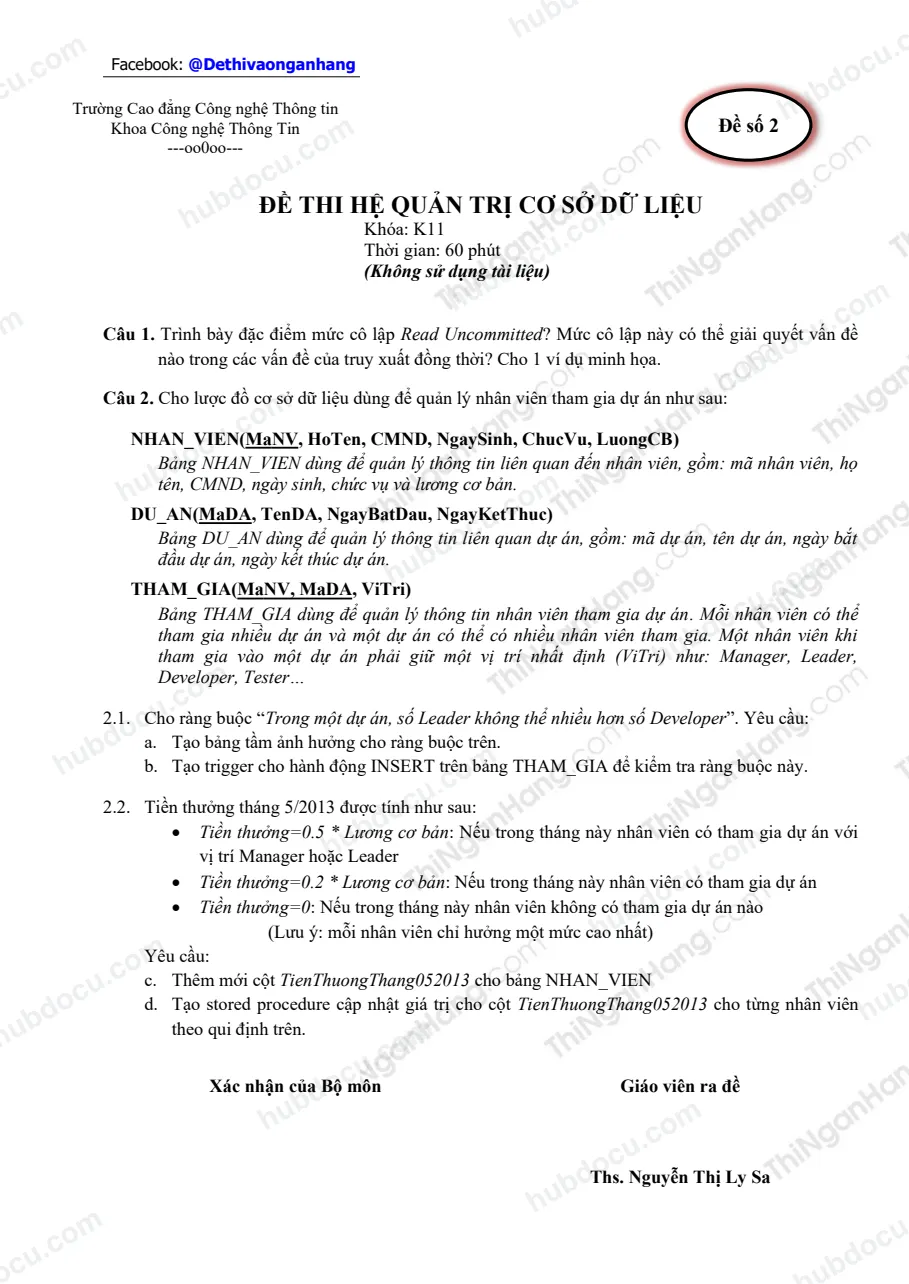 Đề thi hệ quản trị cơ sở dữ liệu