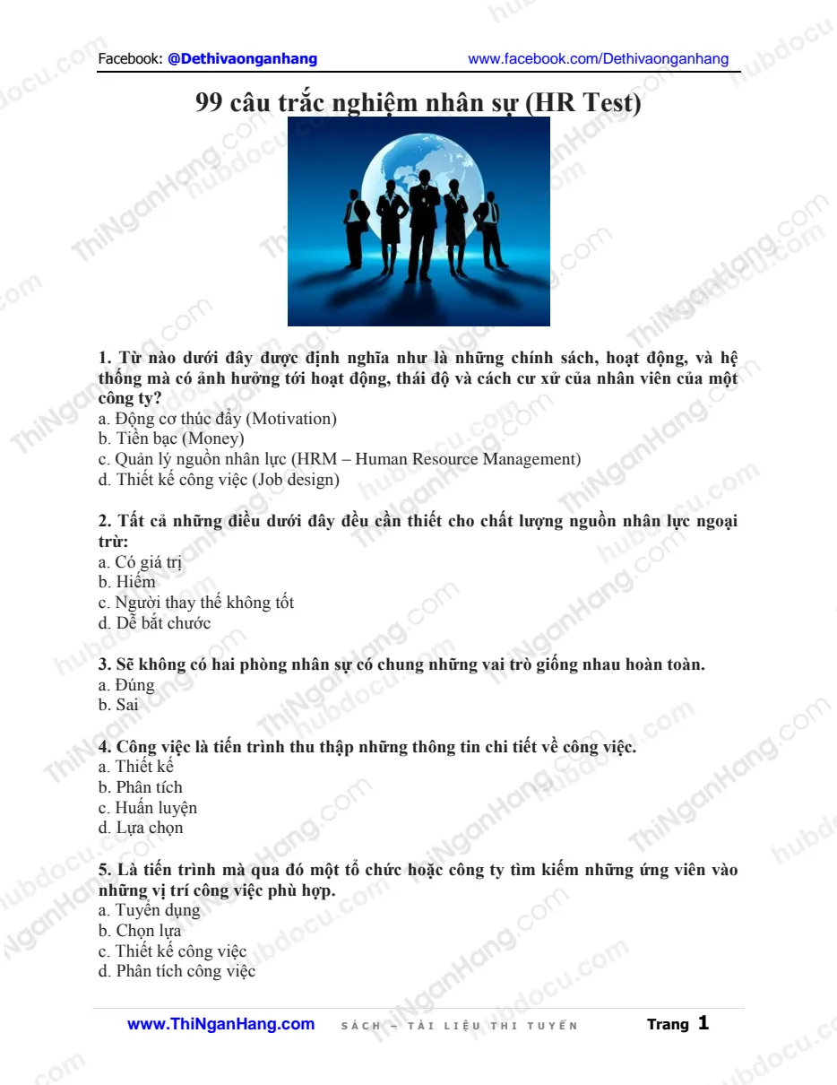 99 câu trắc nghiệm nhân sự (HR Test)
