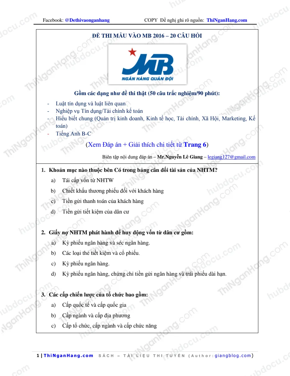 Đề thi mẫu vào MB 2016 (20 câu hỏi) (có Đáp án chi tiết)
