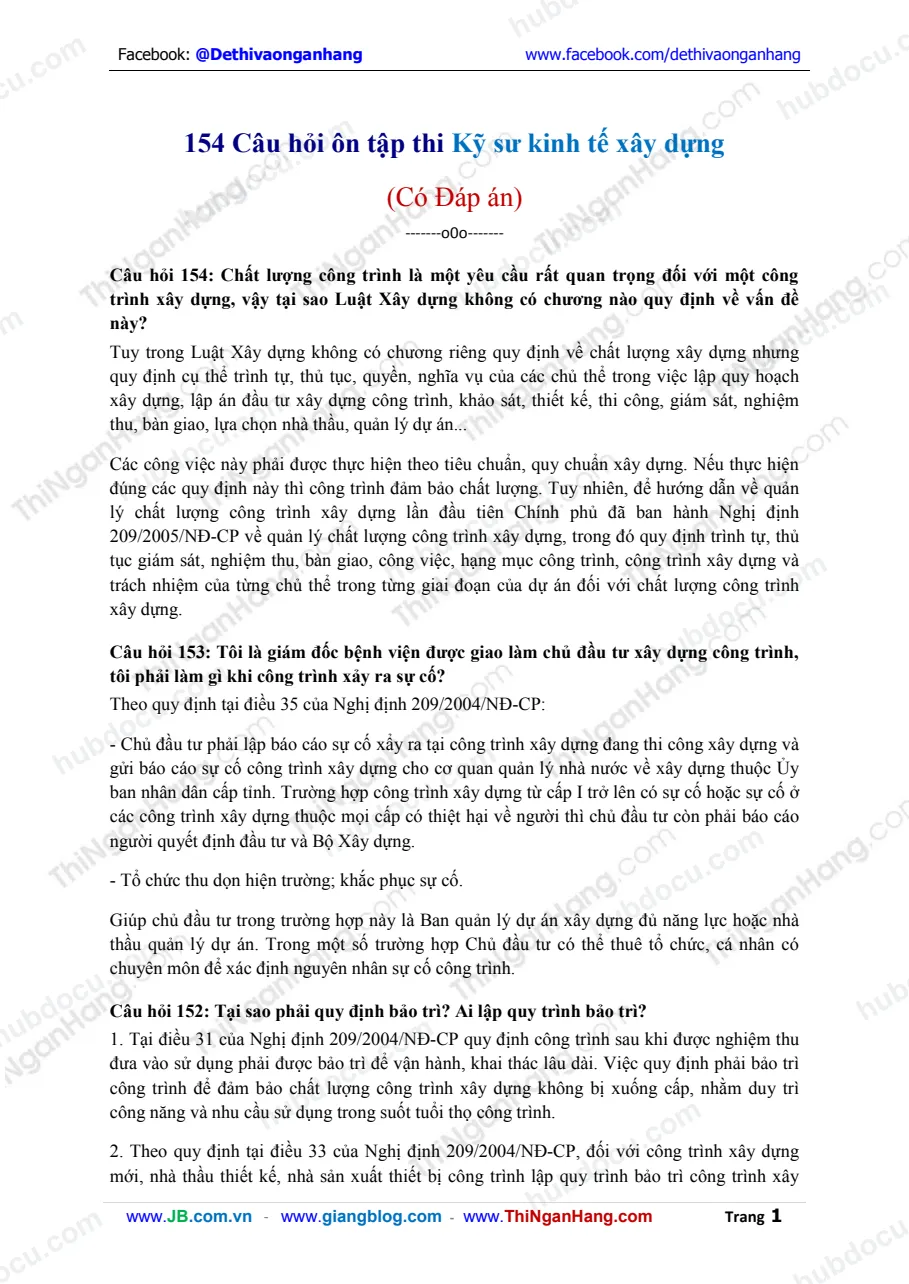 154 câu hỏi thi tuyển ngành Kỹ sư kinh tế xây dựng (Có Đáp án)