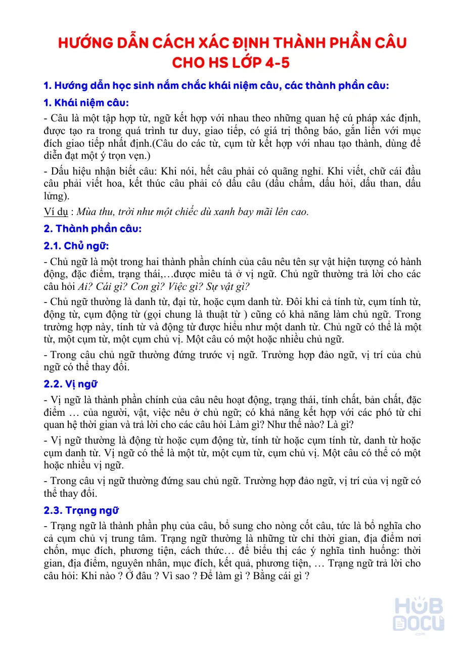 Hướng dẫn cách xác định thành phần câu Chủ ngữ - Vị ngữ - Trạng ngữ (kèm ví dụ) cho HS lớp 4