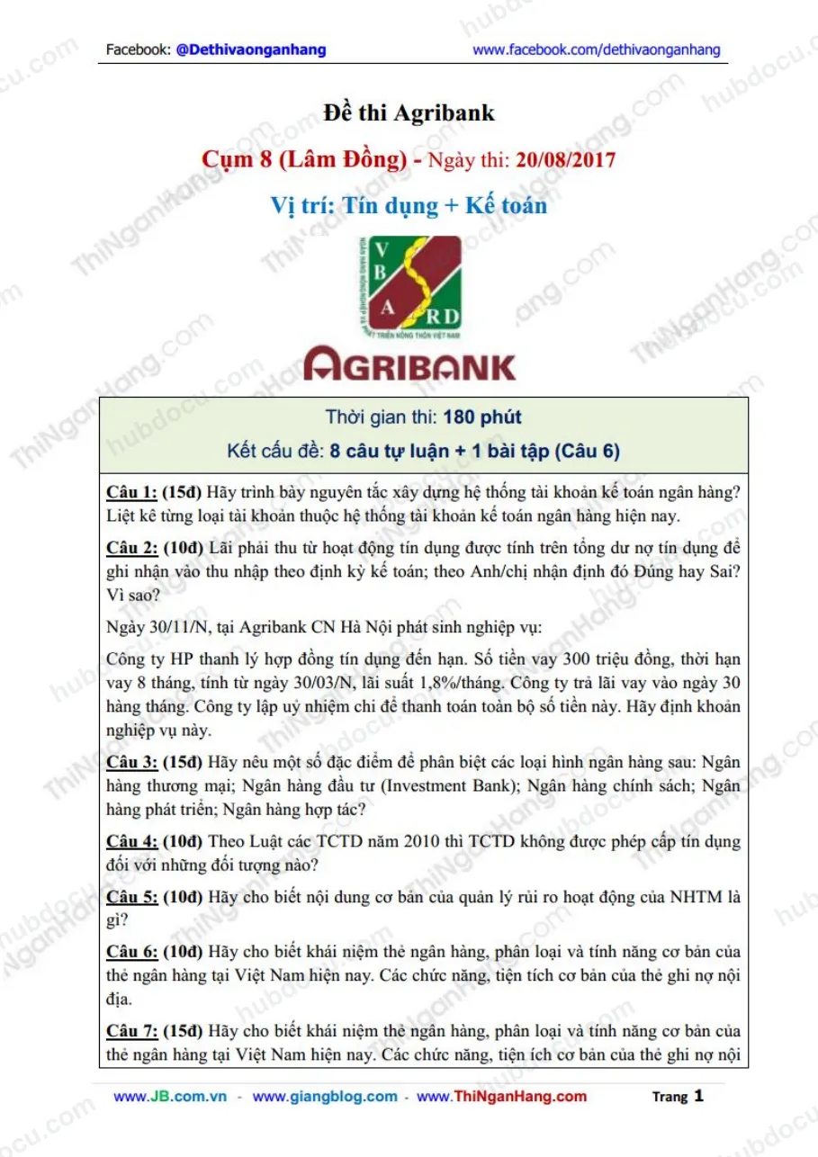 Đề thi Agribank Cụm 8 (KV Lâm Đồng) ngày 20-8-2017