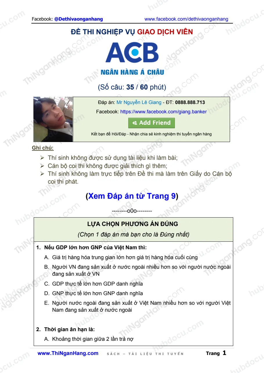 Giải Đề thi nghiệp vụ Giao dịch viên ACB (NH Á Châu) (35 câu)