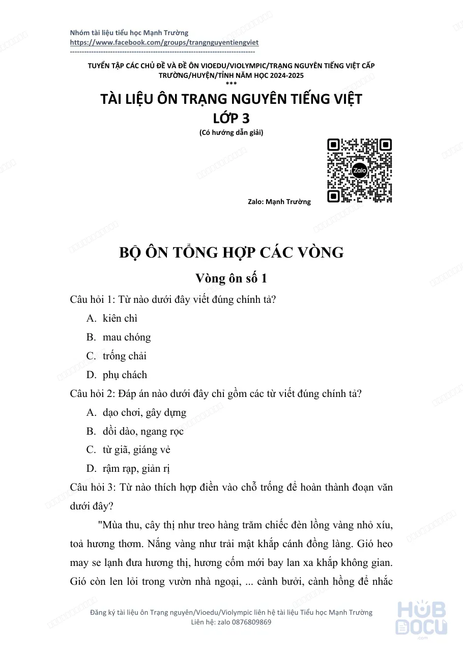 Ôn Trạng nguyên Tiếng Việt (Lớp 3) (Đề + Đáp án đính kèm)
