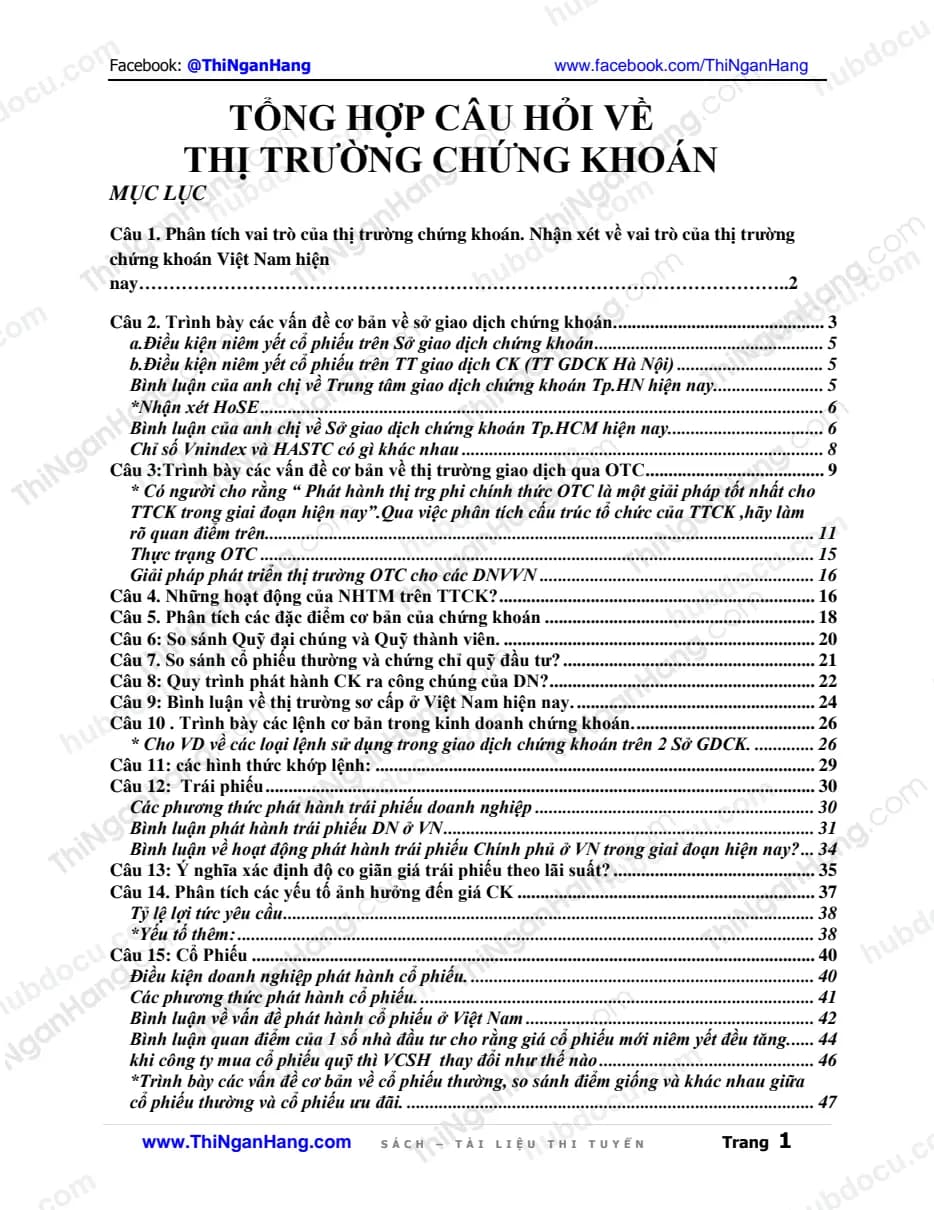 Tổng hợp câu hỏi về thị trường chứng khoán (kèm Đáp án)