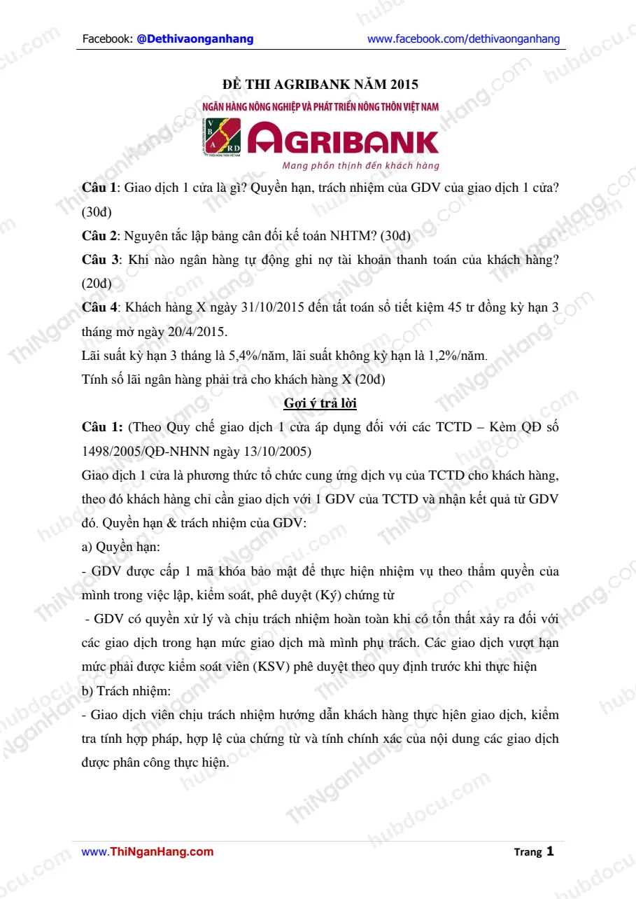 Đề thi vào Đáp án Agribank 2015 - 2016